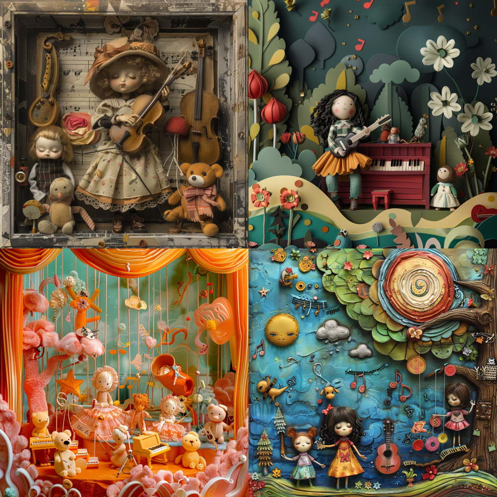Create several works with music as the theme, not limited to obvious musical symbols (notes and waves, etc.), can add plush animals and dolls as decorative interactive elements, vertical composition 3:4  --v 6