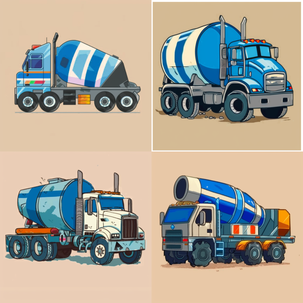< https://oc.superx.chat/img/1768829385980.png >  The image is a digital drawing of a colorful cement mixer truck, rendered in a cartoon style with bold, clean lines and vibrant colors. The truck is predominantly blue with white and black accents. The body of the truck is a large, cylindrical drum with horizontal stripes of blue, white, and black, giving it a dynamic and eye-catching appearance. The drum is mounted on a sturdy, blue chassis with four large, black tires, each with prominent treads for traction. The tires are detailed with blue rims, matching the overall color scheme. The truck's cab is positioned at the front, featuring a simple, boxy design with a small window and a blue roof. The background of the image is a plain, light tan color, providing a neutral backdrop that contrasts with the vibrant colors of the truck. The drawing is simple and straightforward, emphasizing the truck's form and color scheme without any additional details or complex backgrounds. The overall style is playful and child-friendly, suitable for educational or entertainment purposes. --v 6