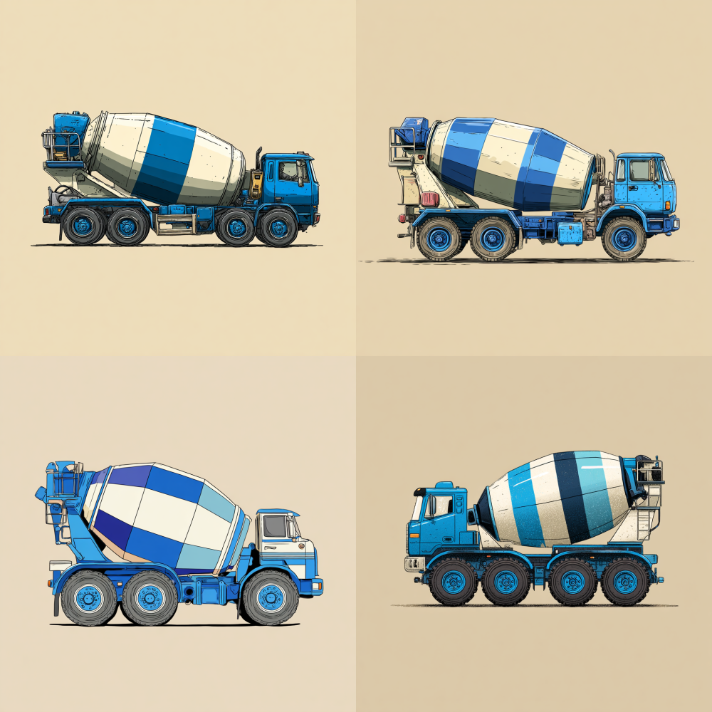 The image is a digital drawing of a colorful cement mixer truck, rendered in a cartoon style with bold, clean lines and vibrant colors. The truck is predominantly blue with white and black accents. The body of the truck is a large, cylindrical drum with horizontal stripes of blue, white, and black, giving it a dynamic and eye-catching appearance. The drum is mounted on a sturdy, blue chassis with four large, black tires, each with prominent treads for traction. The tires are detailed with blue rims, matching the overall color scheme. The truck's cab is positioned at the front, featuring a simple, boxy design with a small window and a blue roof. The background of the image is a plain, light tan color, providing a neutral backdrop that contrasts with the vibrant colors of the truck. The drawing is simple and straightforward, emphasizing the truck's form and color scheme without any additional details or complex backgrounds. The overall style is playful and child-friendly, suitable for educational or entertainment purposes.