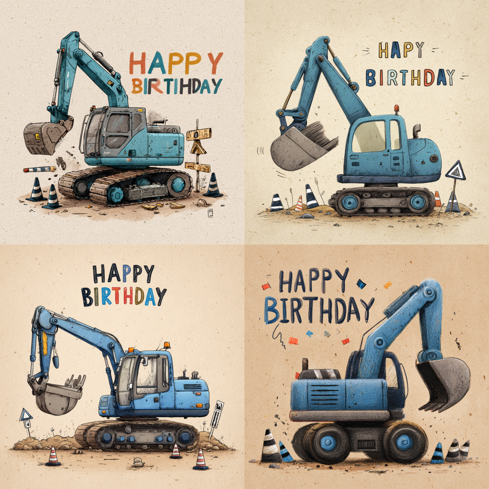 The image is a digital drawing featuring a cartoonish, blue excavator on a brown, textured background. The excavator is depicted in profile, facing to the right, with its arm extended upward and holding a gray scoop. The scoop is positioned above the excavator's arm, suggesting it is in the process of scooping up dirt or debris. The excavator's body is primarily blue, with a darker blue stripe running along the top. The wheels are large and black, with blue rims, and the tracks are visible beneath the excavator, contributing to its rugged appearance. Scattered around the excavator are various construction-themed objects, including blue traffic cones and black and white construction signs, adding to the theme of a construction site. The text "HAPPY BIRTHDAY" is written in a playful, handwritten style, with each word in a different color—blue, red, and yellow. The background is a textured, light brown color, which gives the image a rustic, earthy feel. The overall style of the drawing is cartoonish and playful, suitable for a birthday or construction-themed celebration.