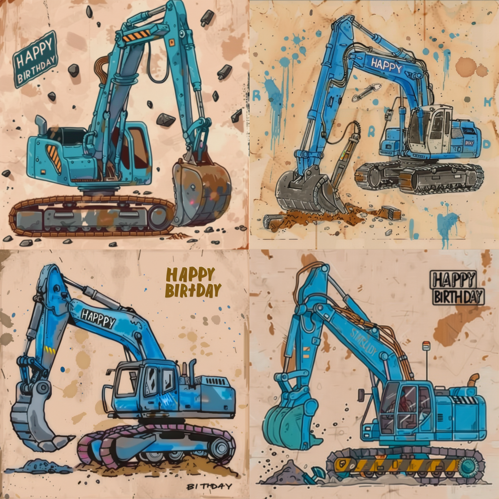 < https://oc.superx.chat/img/1768831137500.png > The image is a digital drawing featuring a cartoonish, blue excavator on a brown, textured background. The excavator is depicted in profile, facing to the right, with its arm extended upward and holding a gray scoop. The scoop is positioned above the excavator's arm, suggesting it is in the process of scooping up dirt or debris. The excavator's body is primarily blue, with a darker blue stripe running along the top. The wheels are large and black, with blue rims, and the tracks are visible beneath the excavator, contributing to its rugged appearance. Scattered around the excavator are various construction-themed objects, including blue traffic cones and black and white construction signs, adding to the theme of a construction site. The text "HAPPY BIRTHDAY" is written in a playful, handwritten style, with each word in a different color—blue, red, and yellow. The background is a textured, light brown color, which gives the image a rustic, earthy feel. The overall style of the drawing is cartoonish and playful, suitable for a birthday or construction-themed celebration. --v 6