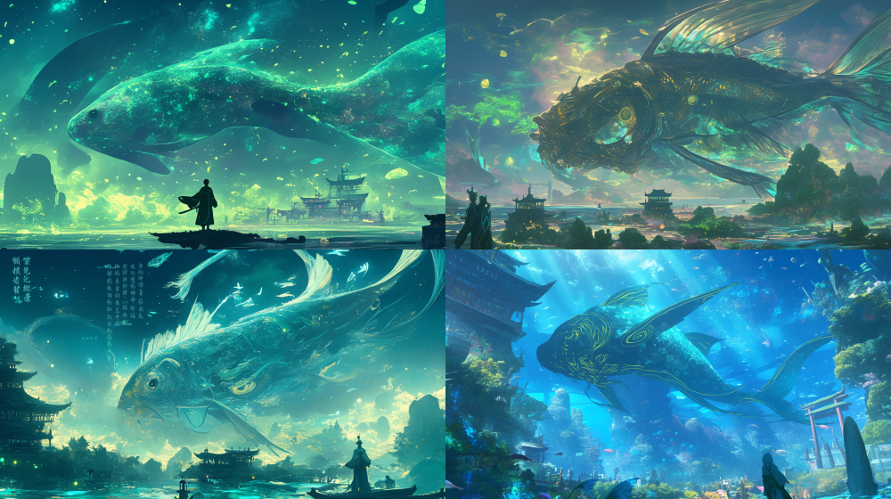 In the vast universe and deep ocean, a giant Kunfish swims in the ocean, with huge fins and tail, oracle bone inscriptions on Kunbei, holographic ink blending effect, light and shadow matrix, and ultra wide universe perspective. Chinese ancient style digital geometry light and shadow particles green landscape style, art illustration series.    +++   --ar 16:9  --niji 6