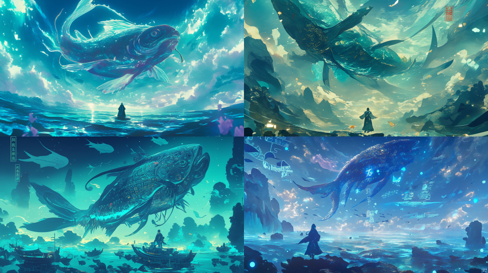 In the vast universe and deep ocean, a giant Kunfish swims in the ocean, with huge fins and tail, oracle bone inscriptions on Kunbei, holographic ink blending effect, light and shadow matrix, and ultra wide universe perspective. Chinese ancient style digital geometry light and shadow particles green landscape style, art illustration series. +++ --ar 16:9 --niji 6