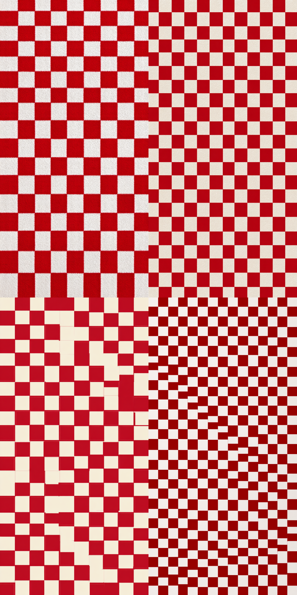 Seamless racing checkerboard pattern, featuring a classic red and white color palette, with crisp, precise grid lines and pixel-perfect clarity. The matte finish enhances the design's sophistication, set against a solid color background that exudes high contrast. Perfectly tailored for automotive brand visuals, this design radiates an exhilarating passion for racing. --ar 9:18