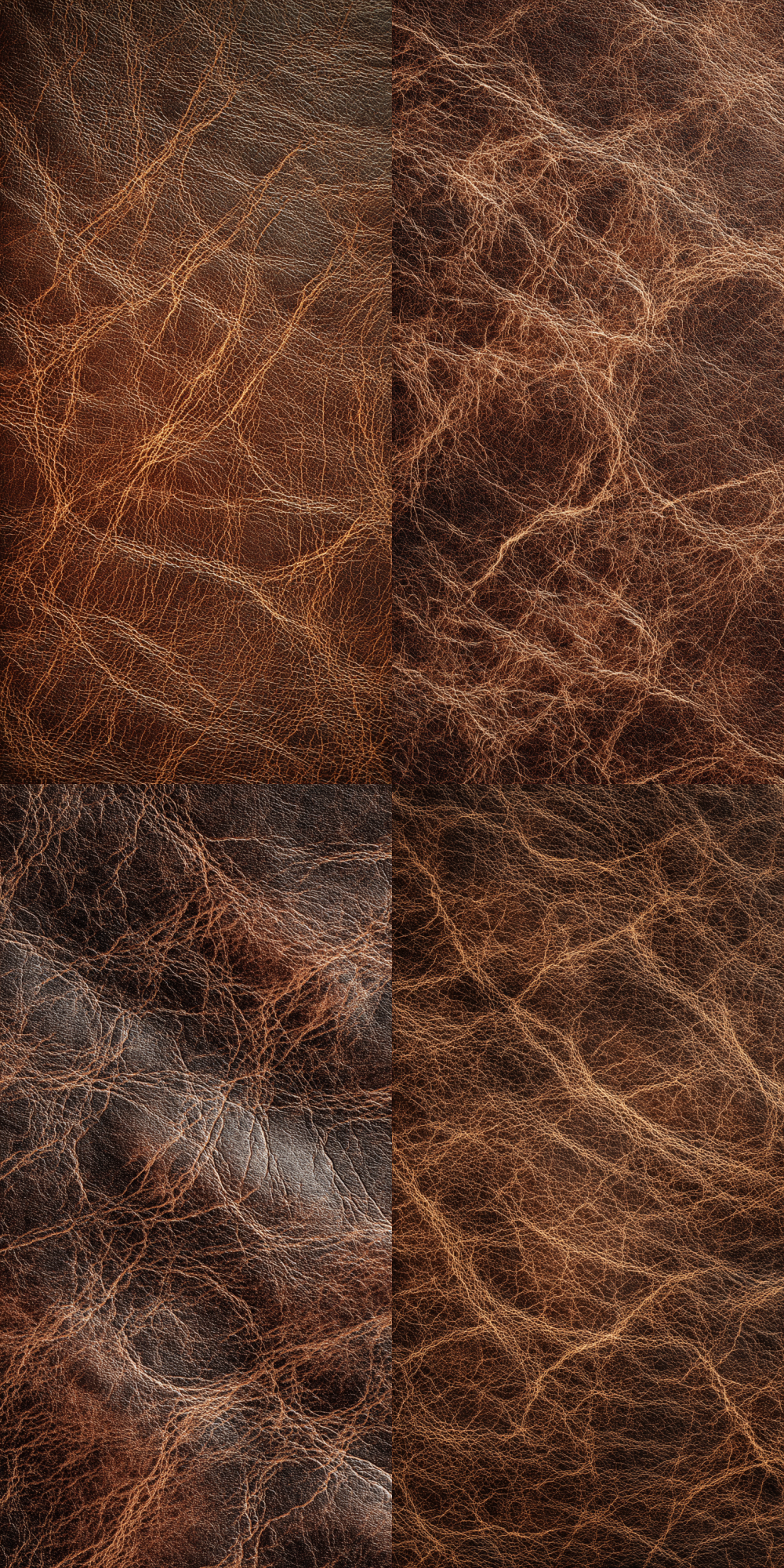 Elegant seamless vintage vegetable-tanned leather texture pattern, rich dark brown cowhide with intricate leather fiber lines, showcasing a beautifully distressed vintage effect. Matte and warm tones create a solid color background, exuding high resolution and embodying the essence of Italian luxury retro style, perfect for sophisticated high-end brand design. --ar 9:18