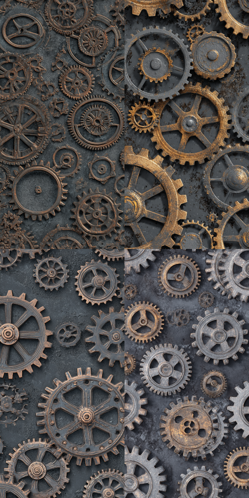 Flat seamless vintage mechanical gear texture pattern, dark gray gear outline, fine gear tooth lines, vintage wear and tear, matte finish, solid color background, high definition, full of industrial retro style, suitable for automotive mechanical theme design. --ar 9:18 Flat seamless vintage mechanical gear texture pattern, dark gray gear outline, fine gear tooth lines, vintage wear and tear, matte finish, solid color background, high definition, full of industrial retro style, suitable for automotive mechanical theme design. --ar 9:18