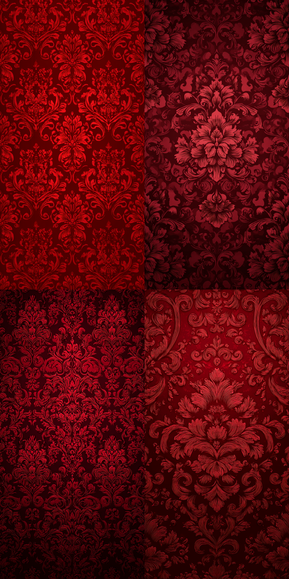 Seamless background featuring a rich deep red gradient adorned with exquisite European scroll patterns. Decorative motifs elegantly intertwine Baroque and Rococo styles, showcasing intricate and symmetrical lines that resonate with the aesthetic legacy of the Italian Renaissance. This design exudes a classical and opulent ambiance. The low-saturation deep red gradient is enriched with layered textures to prevent monotony, making it an ideal phone wallpaper background that harmonizes with icon displays. High resolution and flat texture enhance its visual appeal. --ar 9:18