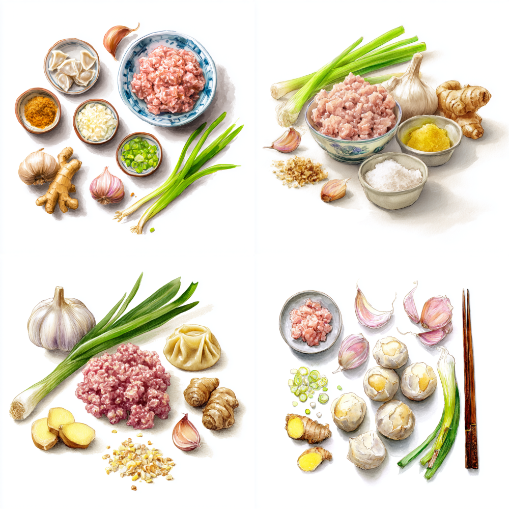 The ingredients for dumplings, pork, minced meat, garlic, scallions, and ginger are painted in watercolor on a white background