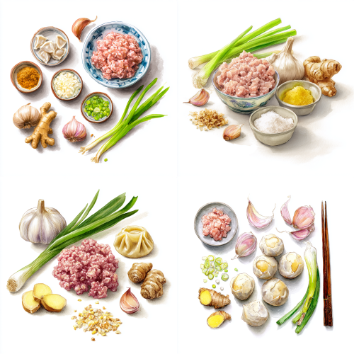 The ingredients for dumplings, pork, minced meat, garlic, scallions, and ginger are painted in watercolor on a white background The ingredients for dumplings, pork, minced meat, garlic, scallions, and ginger are painted in watercolor on a white background