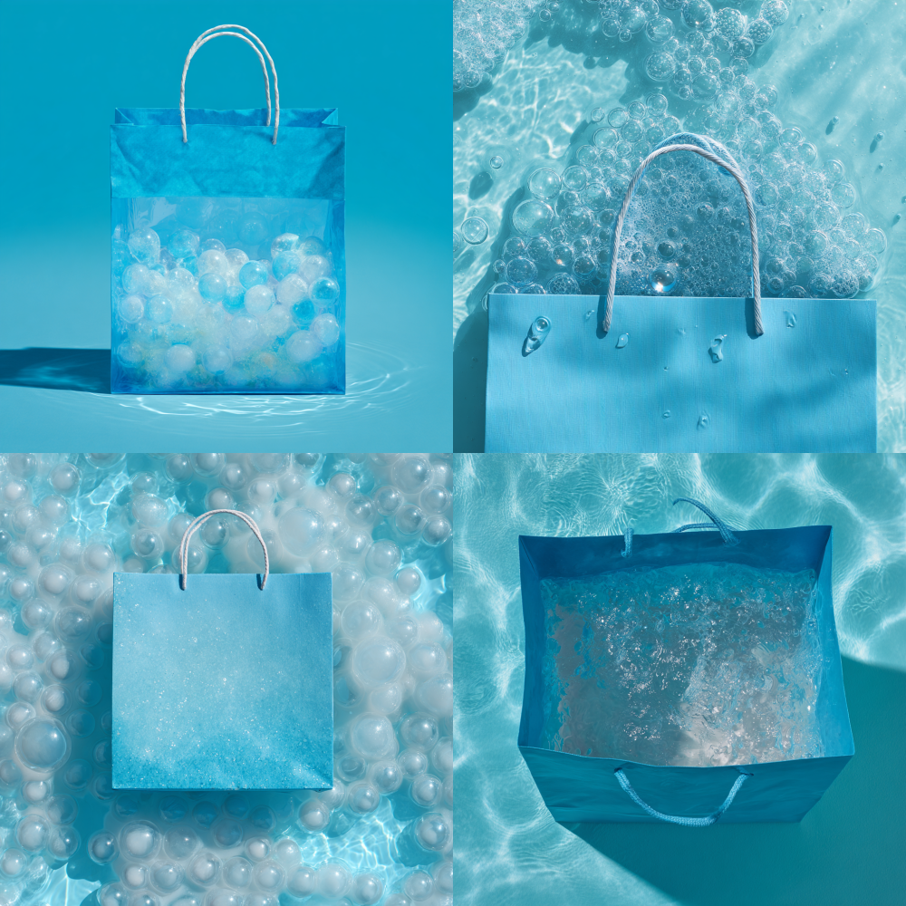 Shoot from the top of a blue paper shopping bag with a light blue and white bubble pool inside 