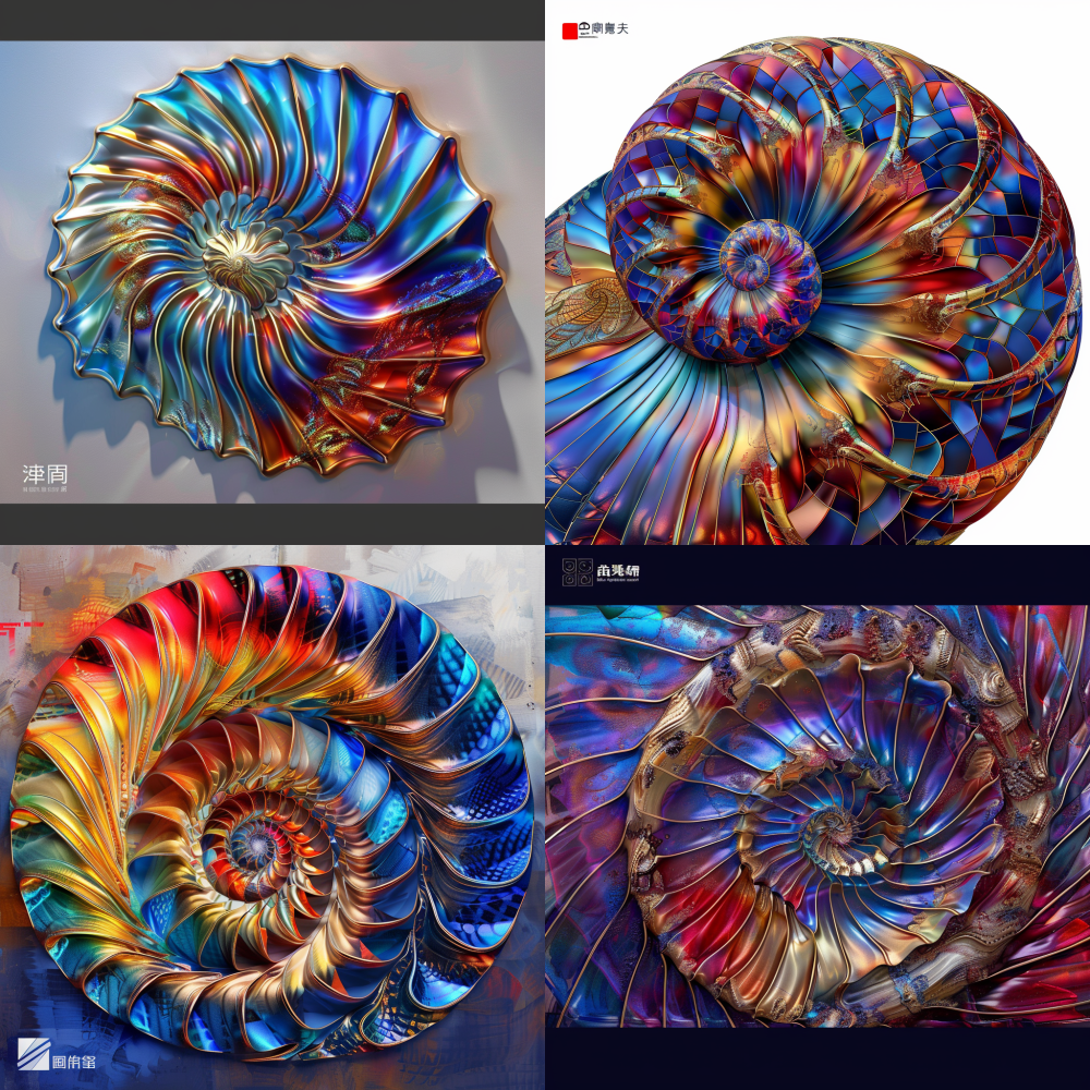 Create a vibrant and intricate design featuring a central rotating nautilus shell, crafted from colorful metallic textures, inspired by the form of the reference image. < https://oc.superx.chat/img/1770212102387.png > --v 6