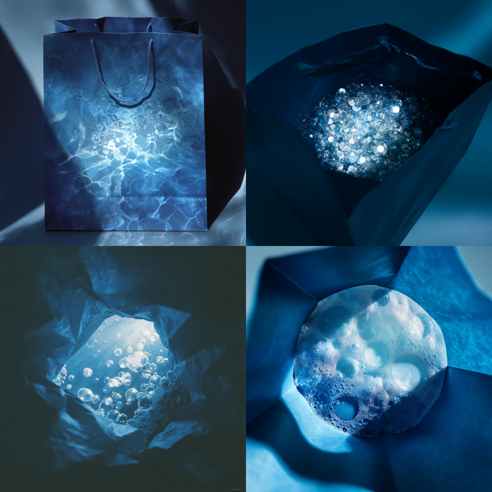 Shoot from the top of a dark blue paper shopping bag with a bubble pool of light blue and white inside 