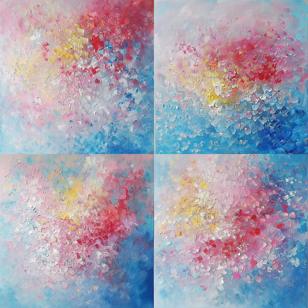 < https://oc.superx.chat/img/1770254265416.jpg > handmade abstract oil painting, pastel colors, a burst of light in the center, a mix of red and pink hues, the paint is textured, white space around it, a large blue background, a few yellow spots scattered throughout, a textured surface that seems to shimmer with energy. the overall mood is one of calmness and serenity, as if you can feel the gentle breeze caress your skin, in the style of [claude monet].  --ar 52:52   --iw 2  --v 6