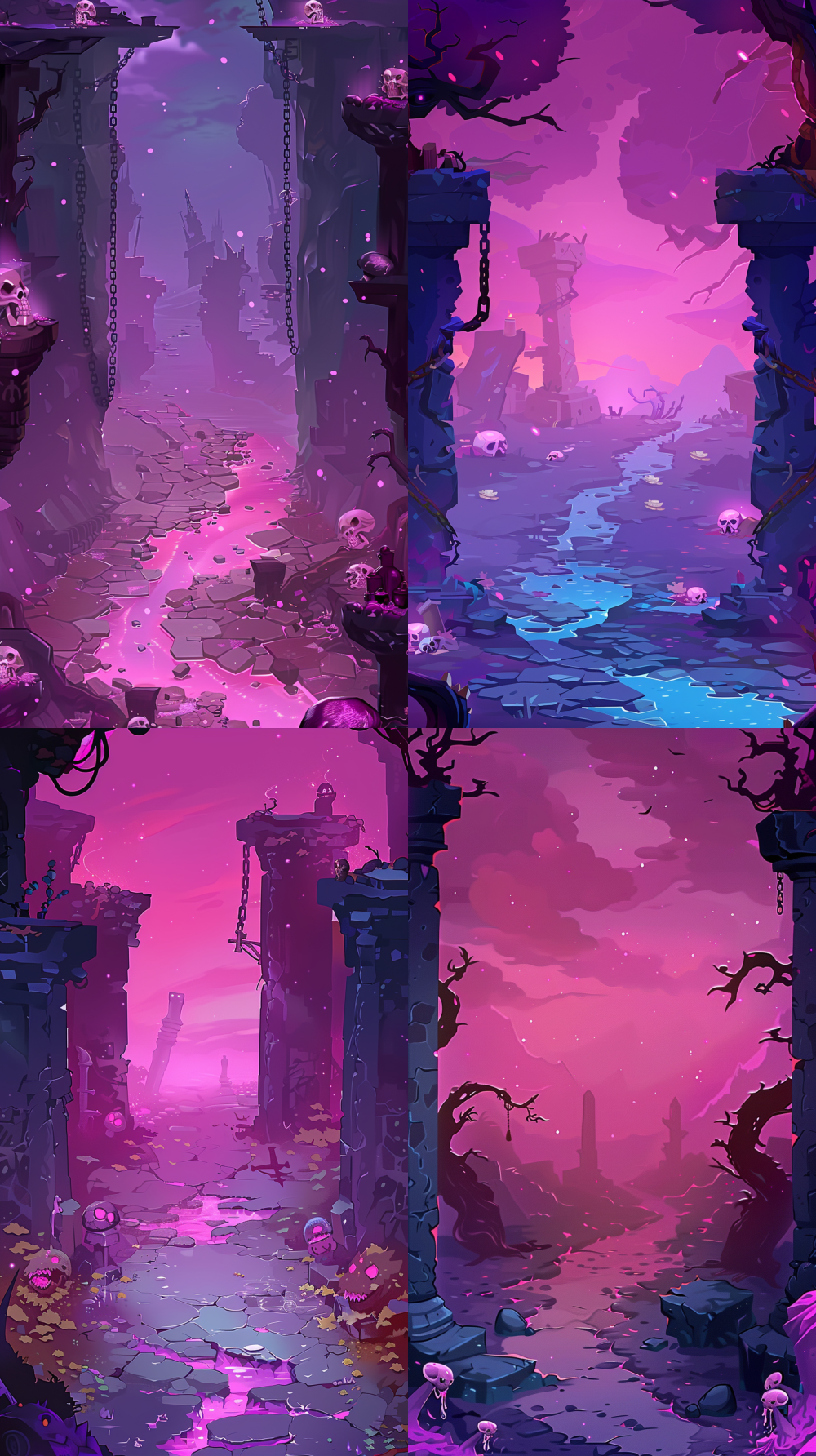 < https://oc.superx.chat/img/1770255067572.png > chibi dark fantasy game background, Isometric perspective view,vertical mobile game scene,corrupted purple wasteland, toxic violet fog, cursed ground,cute cartoon skulls and bones scattered on the ground,stylized dead trees with twisted branches,stone altar pillars with glowing pink liquid,heavy metal chains hanging on both sides,cute demon stone statue with glowing pink eyes,soft painterly textures, smooth gradients,high saturation purple and magenta color palette,rounded shapes, no sharp realism,clean composition with empty center for gameplay,strong atmosphere but simple readable forms,mobile game background art, casual game style,hand-painted cartoon fantasy, polished commercial quality , super deformed proportions,thick shapes, soft edges,no realistic lighting, no photorealism,simple materials, game-ready background,flat + soft shading, subtle texture noise， --ar 9:16 --v 6 --style raw --s 250 --q 1