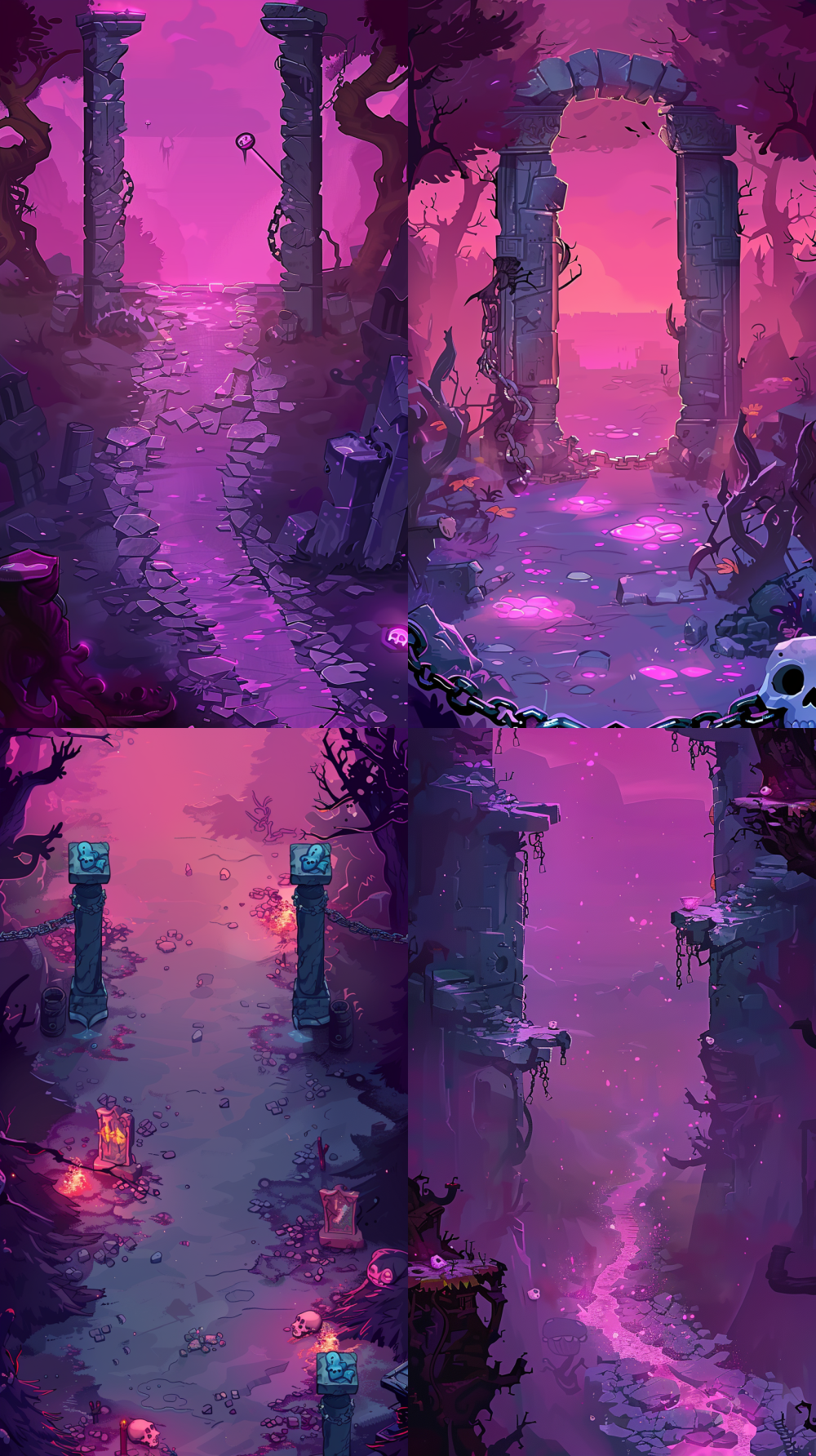< https://oc.superx.chat/img/1770255067572.png > chibi dark fantasy game background, Isometric perspective view,Looking straight down at the scene,no sky , toxic violet fog, cursed ground,cute cartoon skulls and bones scattered on the ground,stylized dead trees with twisted branches,stone altar pillars with glowing pink liquid,heavy metal chains hanging on both sides,cute demon stone statue with glowing pink eyes,soft painterly textures, smooth gradients,high saturation purple and magenta color palette,rounded shapes, no sharp realism,clean composition with empty center for gameplay,strong atmosphere but simple readable forms,mobile game background art, casual game style,hand-painted cartoon fantasy, polished commercial quality , super deformed proportions,thick shapes, soft edges,no realistic lighting, no photorealism,simple materials, game-ready background,flat + soft shading, subtle texture noise，  --ar 9:16  --v 6  --style raw  --s 250  --q 1