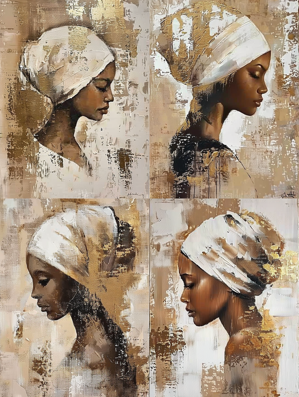 < https://oc.superx.chat/img/1770255368387.jpg > handpainted abstract painting of the profile view of an african woman wearing a white head covering, with beige and brown tones, neutral colors, and gold accents in a boho style.and a textured background.  --ar 60:80  --iw 2 --v 6