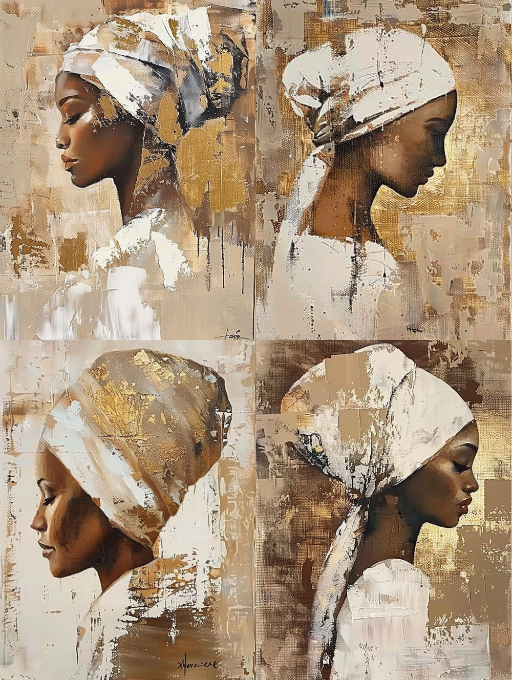 < https://oc.superx.chat/img/1770255368387.jpg > handpainted abstract painting of the profile view of an african woman wearing a white head covering, Only the side profile was visible; the facial features were not discernible. with beige and brown tones, neutral colors, and gold accents in a boho style.and a textured background. --ar 60:80 --iw 2 --v 6