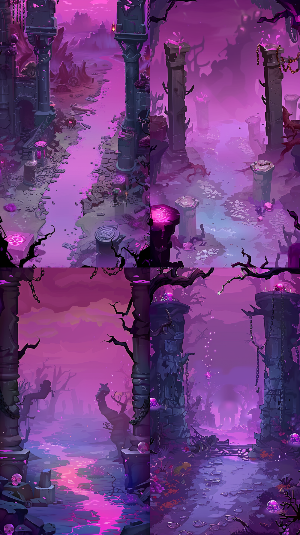 < https://oc.superx.chat/img/1770256298424.png >  chibi dark fantasy game background, Isometric perspective view,Looking straight down at the scene,no sky , toxic violet fog, cursed ground,cute cartoon skulls and bones scattered on the ground,stylized dead trees with twisted branches,stone altar pillars with glowing pink liquid,heavy metal chains hanging on both sides,cute demon stone statue with glowing pink eyes,soft painterly textures, smooth gradients,high saturation purple and magenta color palette,rounded shapes, no sharp realism,clean composition with empty center for gameplay,strong atmosphere but simple readable forms,mobile game background art, casual game style,hand-painted cartoon fantasy, polished commercial quality , super deformed proportions,thick shapes, soft edges,no realistic lighting, no photorealism,simple materials, game-ready background,flat + soft shading, subtle texture noise，    --ar 9:16    --v 6    --style raw    --s 120    --q 1