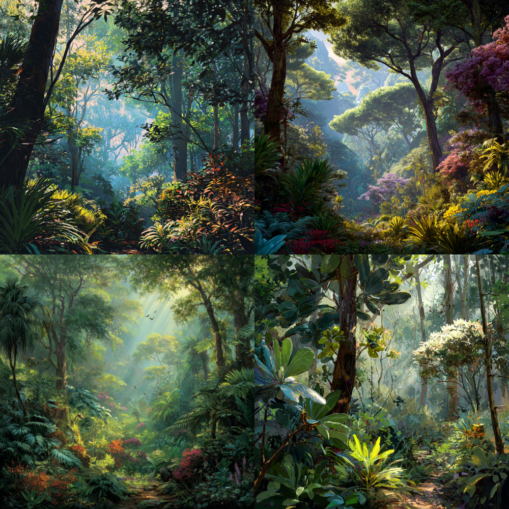 Lush African tropical rainforest, vibrant foliage, diverse wildlife, dappled sunlight filtering through the canopy, rich textures and colors, enchanting atmosphere, serene natural beauty.