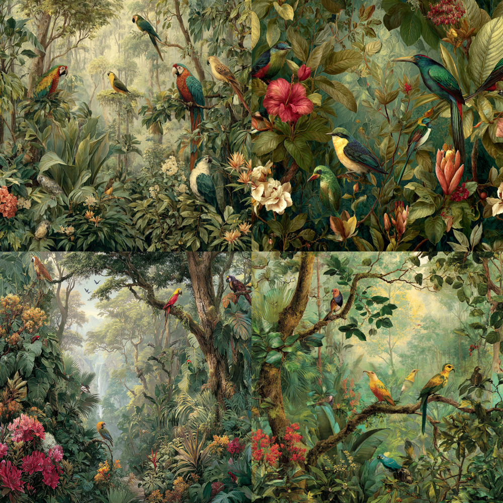 Lush African tropical rainforest, vibrant and lush foliage, a rich tapestry of diverse wildlife, dappled sunlight gently filtering through the verdant canopy, exquisite textures and vivid colors, an enchanting and tranquil atmosphere, serene natural beauty, adorned with a variety of tropical birds perched gracefully on the branches.