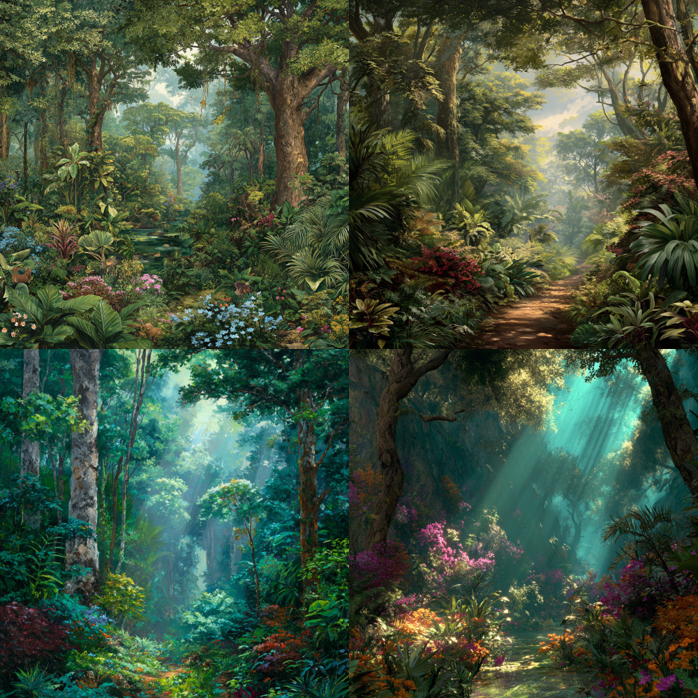 Lush African tropical rainforest, vibrant and lush foliage, an abundance of diverse wildlife, dappled sunlight gracefully filtering through the emerald canopy, rich textures and vivid colors, enchanting and mystical atmosphere, serene and captivating natural beauty.