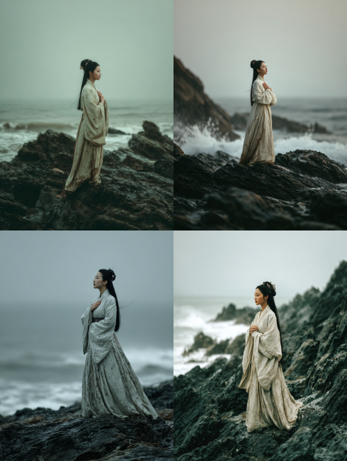 Spring, soft morning light, misty sea coast, a young woman of Han Dynasty in elegant Hanfu and intricate Han hairstyle, standing on a rugged black礁石, both hands gently over her heart, gazing at the distant horizon with longing. Ethereal, cinematic, soft focus, detailed fabric and rock texture.  --ar 3:4  --style raw  --s 180