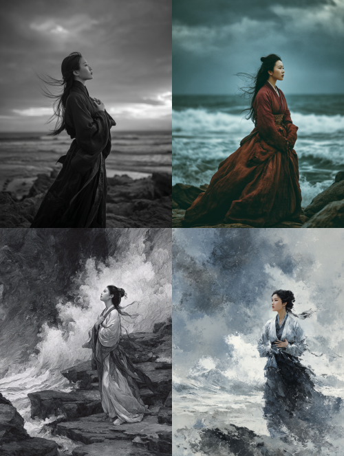 Summer, stormy sea, dramatic sky with breaking clouds, strong wind, the same Han Dynasty woman on the same礁石, hands gently over her heart, gazing steadfastly into the turbulent distance. Her robes and hair are swept by the wind. Dynamic, powerful lighting, sense of endurance, inspired by Chinese ink painting.  --ar 3:4  --style raw