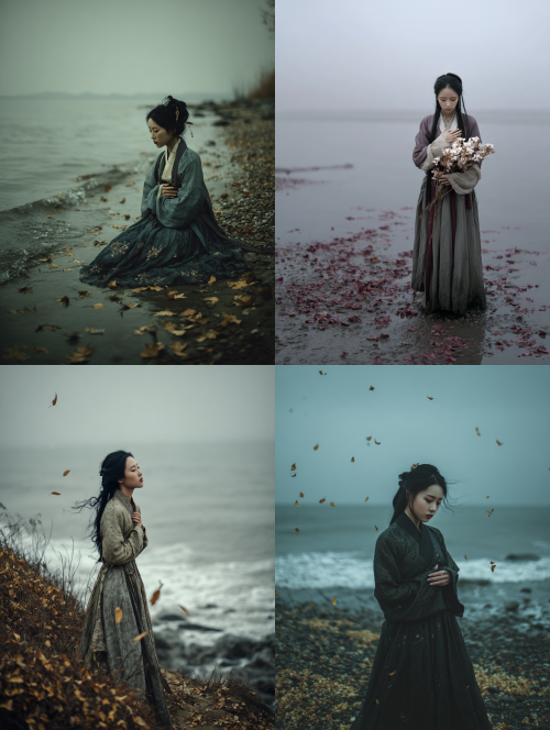 Autumn, desolate coast, cold grey light, overcast sky, the same Han Dynasty woman on the礁石, hands gently over her heart, gazing with profound sorrow at the empty sea. A few dry leaves not of plants but carried by wind. Melancholic, poetic, muted colors, figure integrated with landscape.  --ar 3:4  --style raw