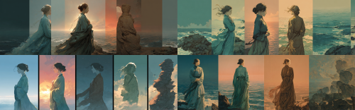 A single panoramic artwork, divided into four equal vertical panels from left to right: 1. [East & Spring]: A young Han Dynasty woman in pristine blue-green Hanfu, hands gently over heart, stands on a rugged礁石 at dawn, gazing at a calm, hopeful sea. Soft pink morning light.2. [South & Summer]: The same woman, from a different angle, under a strong side light. Her sleeves flutter in the wind as she faces a turbulent, sun-dappled sea at noon. Dramatic shadows.3. [West & Autumn]: The same woman, now viewed from behind/side, in muted brown Hanfu. She looks at a vast, setting sun over a desolate ocean. Long shadows, golden hour light.4. [North & Winter]: The final panel shows the woman fully transformed into a moss- and snow-dusted stone statue, hands forever over heart, facing a dark, eternal sea under a starry night sky. Eroded details.Art style: Unified composition as a classical Chinese horizontal scroll painting (Chang Juan), seamless transition between panels, consistent color palette evolving from warm to cold, ethereal to solid. Hyper-detailed, melancholic, legendary.  --ar 16:5  --style raw  --s 200