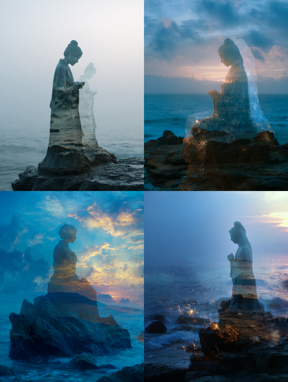 Reef rocks—— A stone statue of a Han Dynasty woman on a sea, hands forever placed over her heart. Superimposed over it is the translucent ghost of her living self in the same pose, gazing at the ocean. Four seasons’ lightspring dawn, summer storm, autumn dusk, winter nightsimultaneously illuminate the scene. Ethereal, heartbreaking, double exposure effect.  --ar 3:4