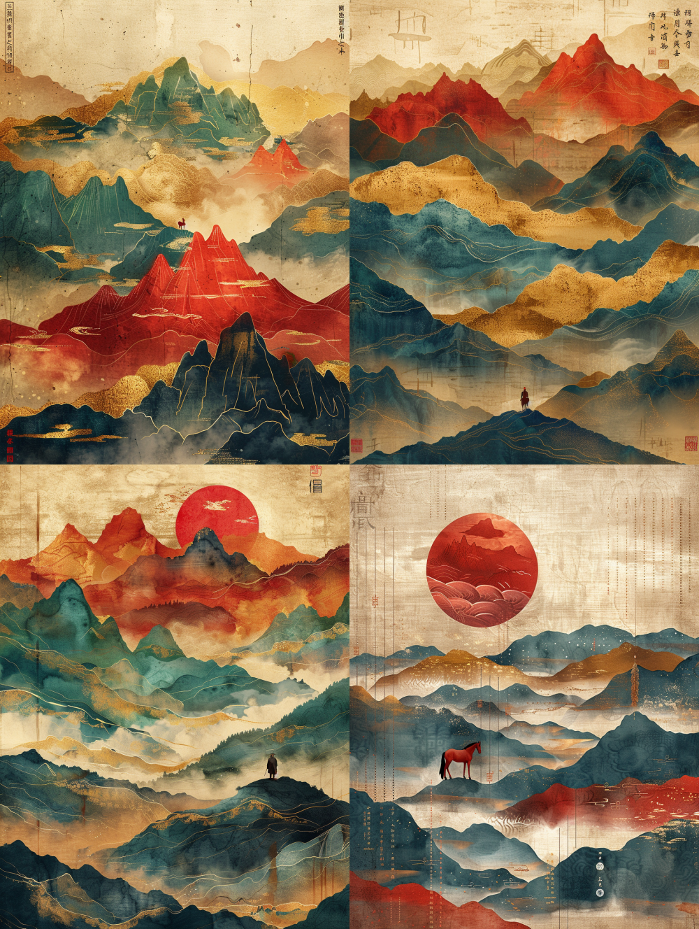 New Chinese style national tide illustration, Dunhuang art aesthetic, fusion of traditional Chinese meticulous brush painting and ink wash techniques, retro vintage rice paper texture with subtle fabric grain, gold foil stamping effect, creative composition of an unfolded ancient Chinese scroll painting, layered Song Dynasty-style landscape mountains (green, blue, red, and gold color scheme), traditional Chinese cloud patterns (red and gold, with flowing golden lines), a standing red horse silhouette on the scroll, repeated tiny Chinese character watermarks covering the background, traditional Chinese red seal stamps, warm red and gold main color palette, soft color gradients, rich layering, elegant and grand atmosphere, vertical composition  --ar 3:4  --style raw  --s 280  --v 6.0  --q 2