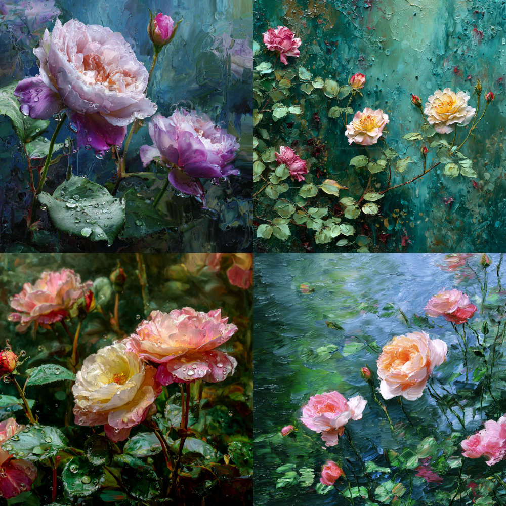 A captivating composition inspired by the enchanting gardens of Monet, showcasing exquisite double-petaled roses amidst a harmonious blend of water and oil paint. The delicate water droplets should be rendered with stunning realism, enhancing the lush vibrancy of the scene. The overall image should radiate high-definition clarity and artistic elegance.