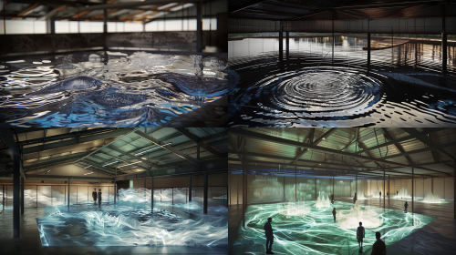 < https://oc.superx.chat/img/1770717321686.png > 保持整个空间的结构不变,更改地面水波纹的画面,观众用腿做划动或搅拌动作(通过感应捕捉),其动作区域的水色会开始变化,清水变成乳白色的纸浆。艺术化一些,生成四张图片, --ar 16:9 < https://oc.superx.chat/img/1770717321686.png > 保持整个空间的结构不变,更改地面水波纹的画面,观众用腿做划动或搅拌动作(通过感应捕捉),其动作区域的水色会开始变化,清水变成乳白色的纸浆。艺术化一些,生成四张图片, --ar 16:9