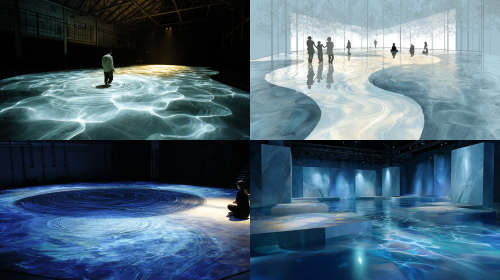 保持整个空间的结构不变,更改地面水波纹的画面,观众用腿做划动或搅拌动作(通过感应捕捉),其动作区域的水色会开始变化,清水变成乳白色的纸浆。艺术化一些,参考图的整体格局和空间布置都不能改变,在参考图上做效果 --ar 16:9 保持整个空间的结构不变,更改地面水波纹的画面,观众用腿做划动或搅拌动作(通过感应捕捉),其动作区域的水色会开始变化,清水变成乳白色的纸浆。艺术化一些,参考图的整体格局和空间布置都不能改变,在参考图上做效果 --ar 16:9