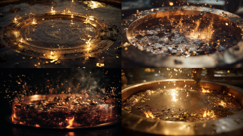 圆形铜锅的剖面透视图,锅下是跃动的仪式性火焰。锅内水体化为发光沸腾的液体,原料在其中缓慢旋转。深色杂质如被赋予意识般主动分离、剥离,沉降为锅底沉淀。暗色调场景,金色与琥珀色光影,电影级氛围,超写实细节,充满神秘转化感。 --ar 16:9 圆形铜锅的剖面透视图,锅下是跃动的仪式性火焰。锅内水体化为发光沸腾的液体,原料在其中缓慢旋转。深色杂质如被赋予意识般主动分离、剥离,沉降为锅底沉淀。暗色调场景,金色与琥珀色光影,电影级氛围,超写实细节,充满神秘转化感。 --ar 16:9