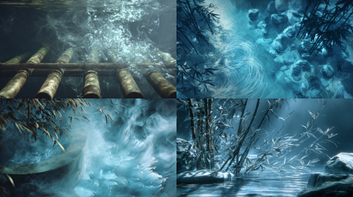 数字艺术短片关键帧:仿古青石池中,澄澈的发光蓝水象征清水。成捆的真实质感竹材浸入,水流变为混沌的青灰雾气。池畔,一个巨大的繁体“七日”水墨字样浮现并如沙漏般褪色。竹材在慢镜头里,从坚硬到如绸缎般柔软、解构,最后化为池中一缕缕漂浮的光纤。古典哲学与数字美学结合,电影感光影,超写实细节。 --ar 16:9 数字艺术短片关键帧:仿古青石池中,澄澈的发光蓝水象征清水。成捆的真实质感竹材浸入,水流变为混沌的青灰雾气。池畔,一个巨大的繁体“七日”水墨字样浮现并如沙漏般褪色。竹材在慢镜头里,从坚硬到如绸缎般柔软、解构,最后化为池中一缕缕漂浮的光纤。古典哲学与数字美学结合,电影感光影,超写实细节。 --ar 16:9