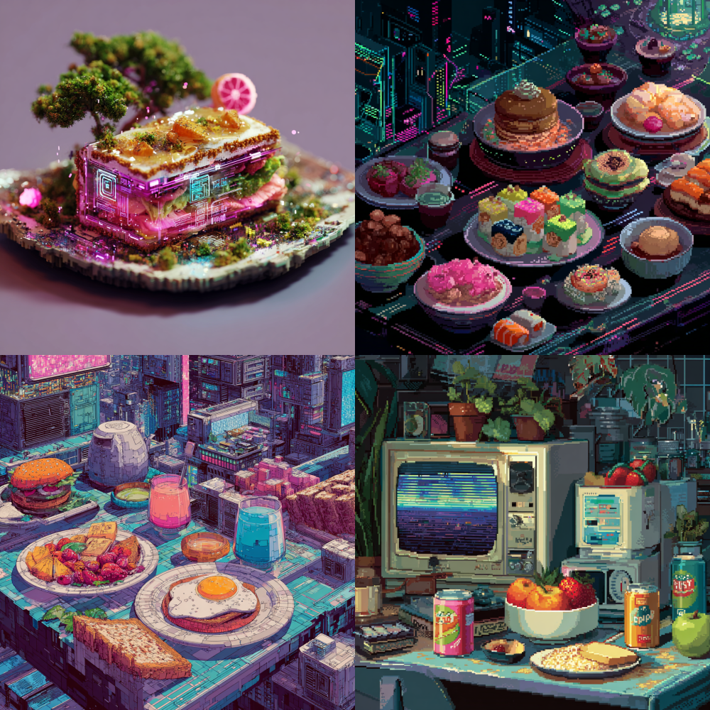 Particle based cyberpunk pixelated food tones    
