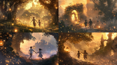 Two figures running through a fantasy realm, hand in hand, older brother gently holding younger sibling's hand, dynamic motion, swirling stardust trailing behind them, ethereal light filtering through ancient trees, floating lanterns in twilight sky, crumbling stone archways covered in glowing moss, distant castle ruins on hilltop, atmosphere of adventure and protection, cinematic lighting, dreamlike haze, golden hour glow, magical particles in air, 8k resolution, epic fantasy painting style by James Gurney and Loish, soft watercolor textures with digital details --ar 16:9 --v 6.0 Two figures running through a fantasy realm, hand in hand, older brother gently holding younger sibling's hand, dynamic motion, swirling stardust trailing behind them, ethereal light filtering through ancient trees, floating lanterns in twilight sky, crumbling stone archways covered in glowing moss, distant castle ruins on hilltop, atmosphere of adventure and protection, cinematic lighting, dreamlike haze, golden hour glow, magical particles in air, 8k resolution, epic fantasy painting style by James Gurney and Loish, soft watercolor textures with digital details --ar 16:9 --v 6.0