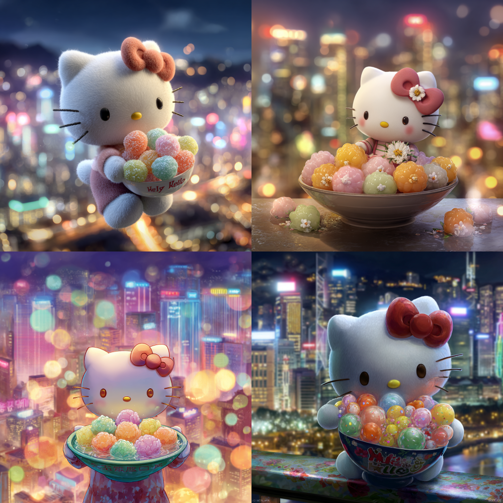 A whimsical Hello Kitty cat delicately holds a bowl of colorful, flower-shaped tangyuan, set against a backdrop of twinkling city lights. Charming cartoon style.