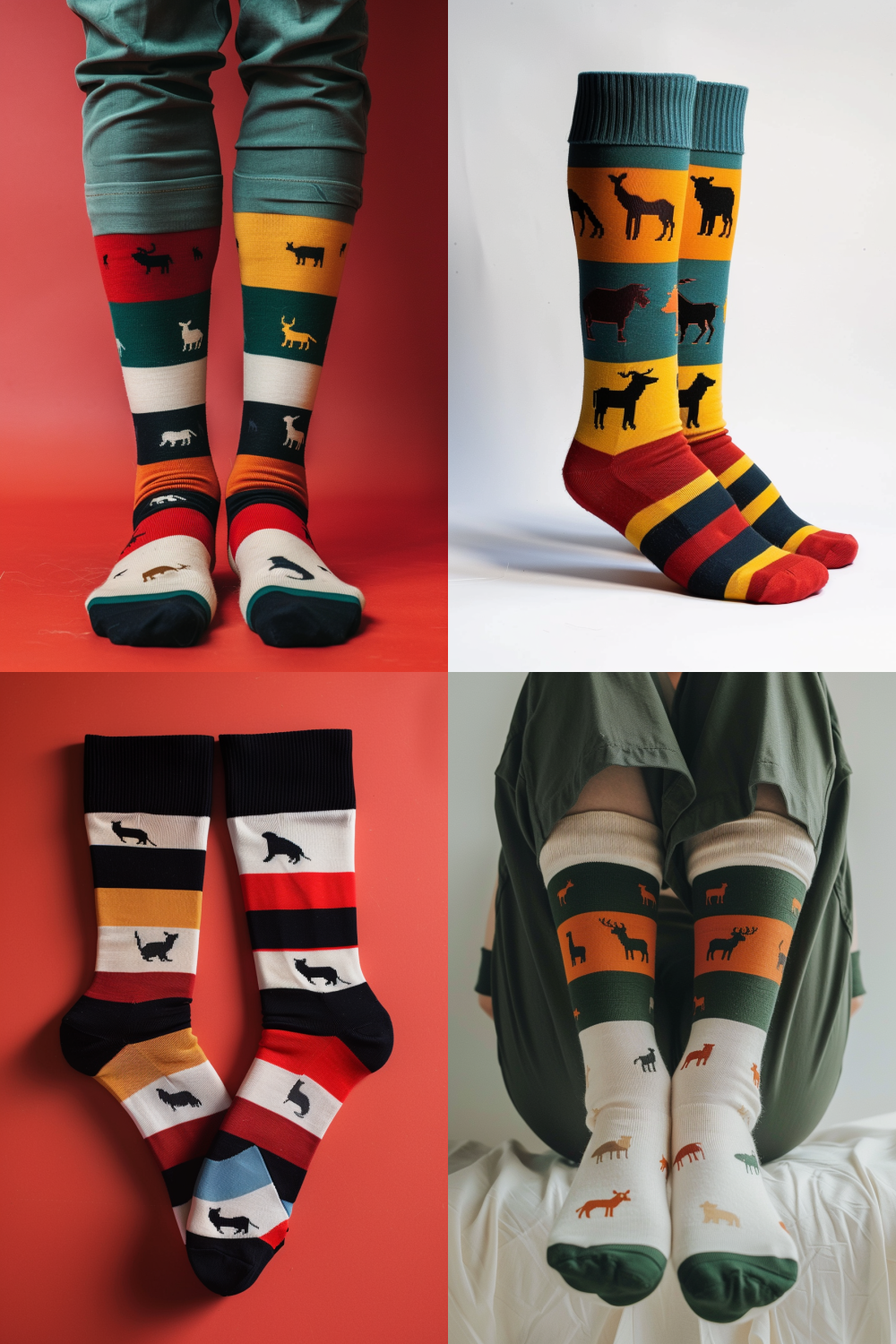 Sock design with horizontal stripes, but one stripe contains tiny animal silhouettes hidden within, flat minimalist, subtle discovery, solid color blocks  --ar 2:3  --v 6