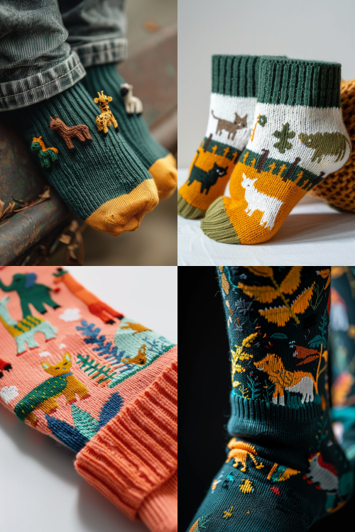 Sock cuff design, tiny flat jungle animals sitting on the ribbed cuff edge as if on a fence, minimalist, solid color blocks, detail-oriented design --ar 2:3 --v 6 Sock cuff design, tiny flat jungle animals sitting on the ribbed cuff edge as if on a fence, minimalist, solid color blocks, detail-oriented design --ar 2:3 --v 6