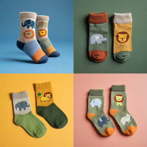 Baby sock design with hidden surprise, minimalist flat jungle animals on the sole of the sock, only visible when foot is lifted, baby elephant and baby lion on bottom of feet, solid color blocks, playful discovery Baby sock design with hidden surprise, minimalist flat jungle animals on the sole of the sock, only visible when foot is lifted, baby elephant and baby lion on bottom of feet, solid color blocks, playful discovery