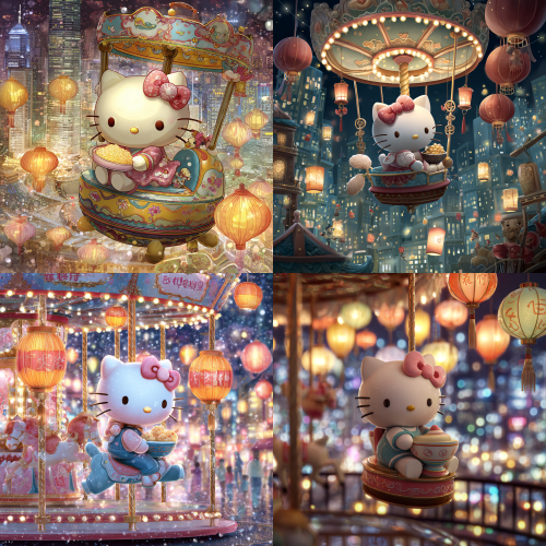 A whimsical Hello Kitty cat 骑着旋转木马 delicately holds a bowl of 元宵, set against a backdrop of twinkling city lights 还有 中式灯笼. Charming cartoon style. A whimsical Hello Kitty cat 骑着旋转木马 delicately holds a bowl of 元宵, set against a backdrop of twinkling city lights 还有 中式灯笼. Charming cartoon style.