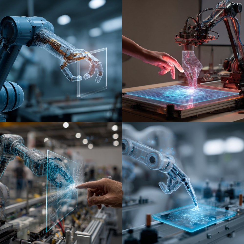 A virtual screen floats on top of a robotic arm