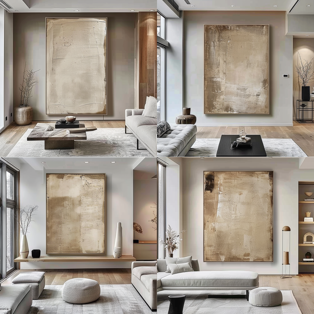 < https://oc.superx.chat/img/1772593186579.jpg > handpainted textured vintage abstract art paintings, in neutral tones of beige, visible brushstrokes, featuring wabi sabi style, hanging on the wall in a modern living room. --ar 1:1 --iw 2 --v 6