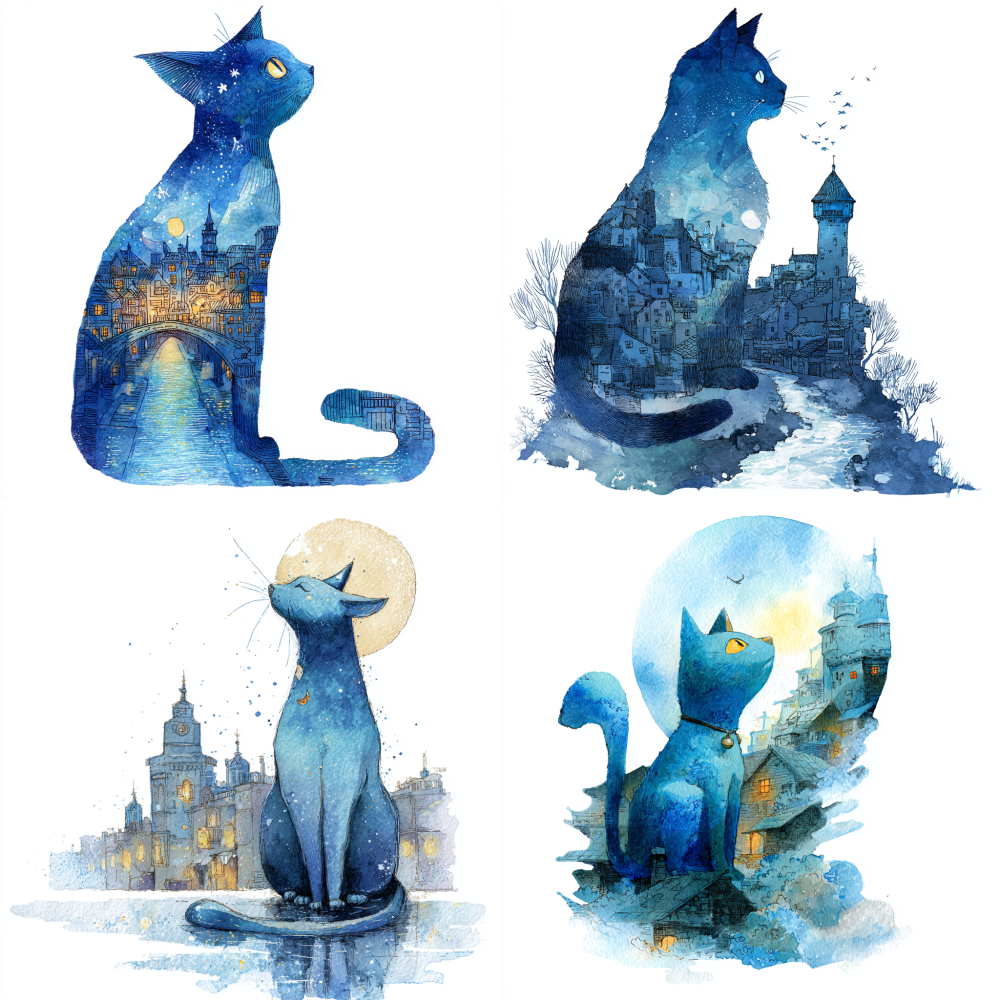 The blue cat of Castle Town, born under the blue moonlight, coincidentally heard the singing of the river. Its mission is to convey this river song to the residents of Castle Town. The blue cat is the main body, and the castle is the background, drawn in a hand drawn watercolor style with a pure white background
