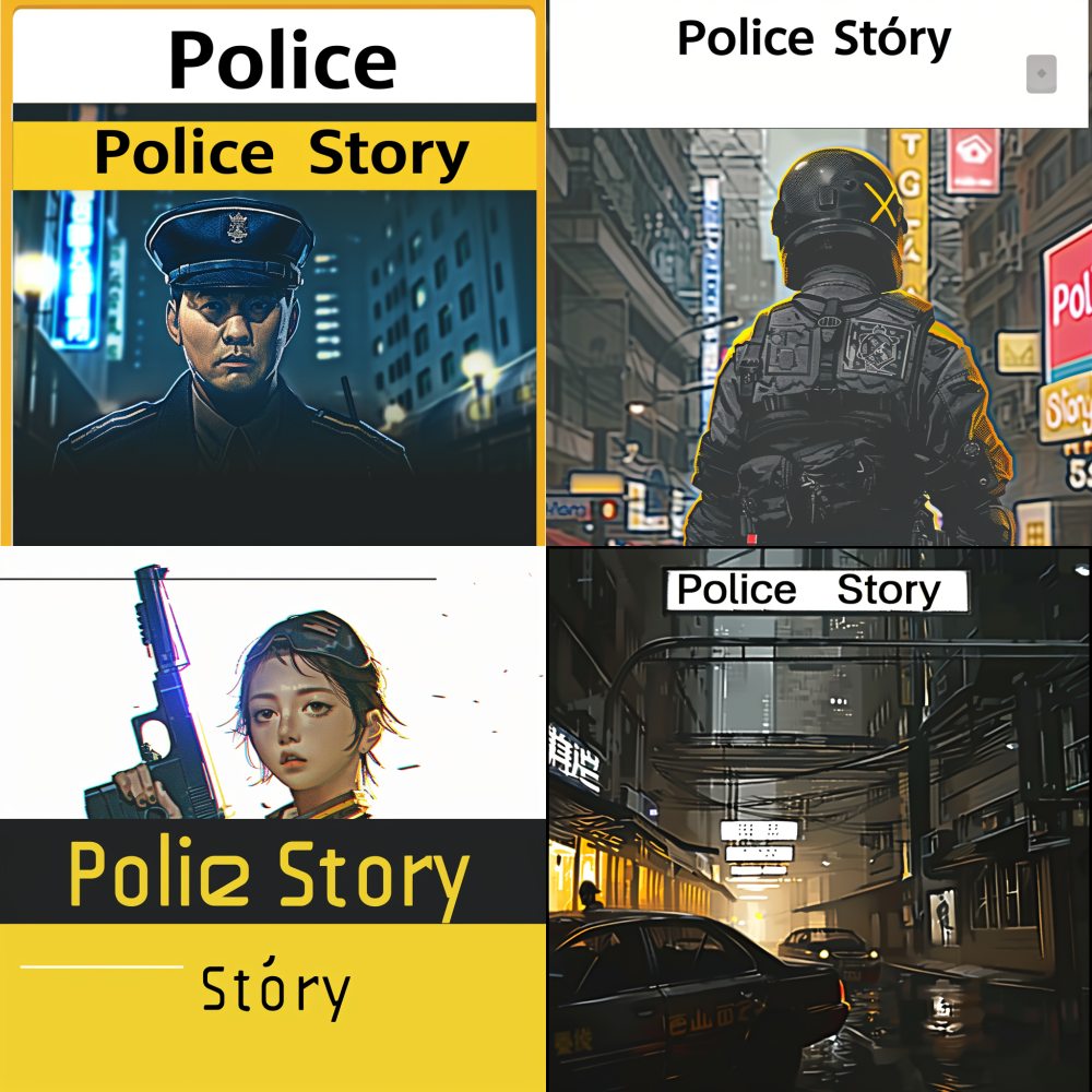 < https://oc.superx.chat/img/1772613486642.png > app index, UI components, The “Police Story” appears on a white background, complemented by yellow lines. The design utilizes a sleek, minimalist font that merges modern typography principles, boasting high-resolution, quality, detail, clarity, and pixel density. The letters are presented in black, flanked by the slogan 'Police Story' on either side; An icon presenting the word 'Start Game', 'Share' and 'Exit' in a bold sans-serif font. The text needs to be centered horizontally in the button's frame. To ensure it stands out on gray or transparent backgrounds, a black outline should be used. It's important to keep the text easy to read, with adequate spacing around each character to prevent any overlap when displayed in various dimensions. --v 6