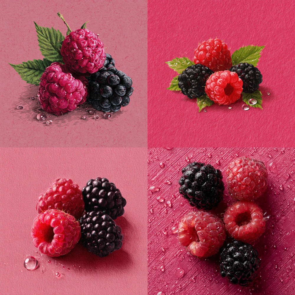 A few raspberries and blackberries, placed on pink paper with fine lines, with a few water droplets on the surface, making people feel like they want to eat them. The style reference is given in the picture, do not design, only need words. The overall style is fresh and can show the texture of berries