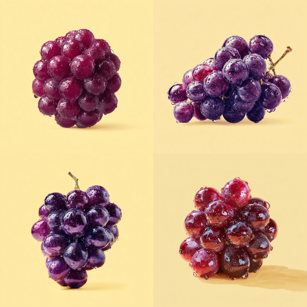 A purple giant peak grape, peeled off a little bit, round and round, looks very delicious, with water droplets on the skin and a light yellow background. The style is based on the sample picture, no words, just a picture 