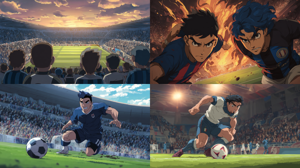 Help me generate a promotional poster for the cartoon anime version of the Serie A match between Cagliari and Inter Milan --ar 16:9 --style raw